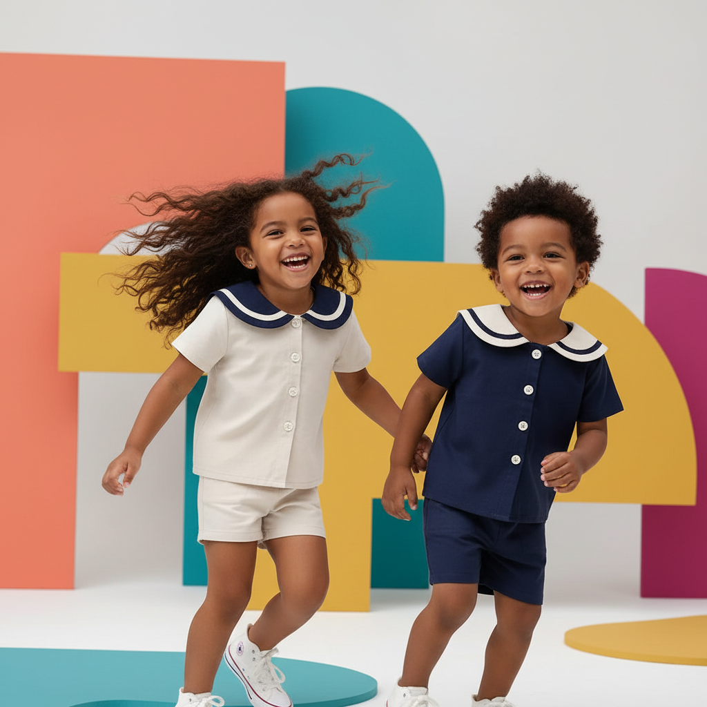 Sailor Collar Buttoned Shirt & Shorts Set