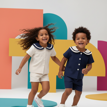 Sailor Collar Buttoned Shirt & Shorts Set