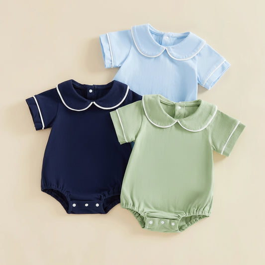 Cotton Peter Pan Collar Romper Set In Navy Green & Blue