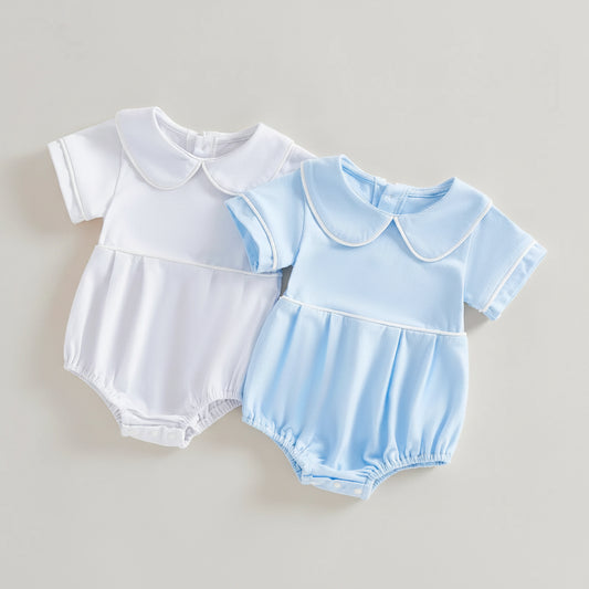 Cotton Peter Pan Collar Romper Set In White & Blue