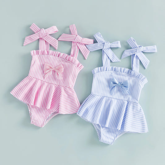 Striped Peplum Bow Swimsuits With Shoulder Ties Pink & Blue