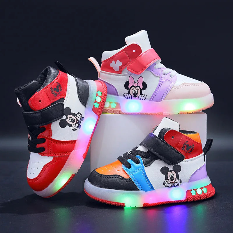 Blue Minnie and Mickey Mouse LED sneakers by Ewapi featuring cartoon character designs and illuminated soles.