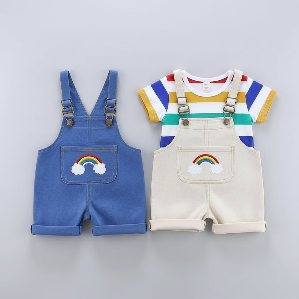 Rainbow Embroidered Denim Shortalls With Striped Tee
