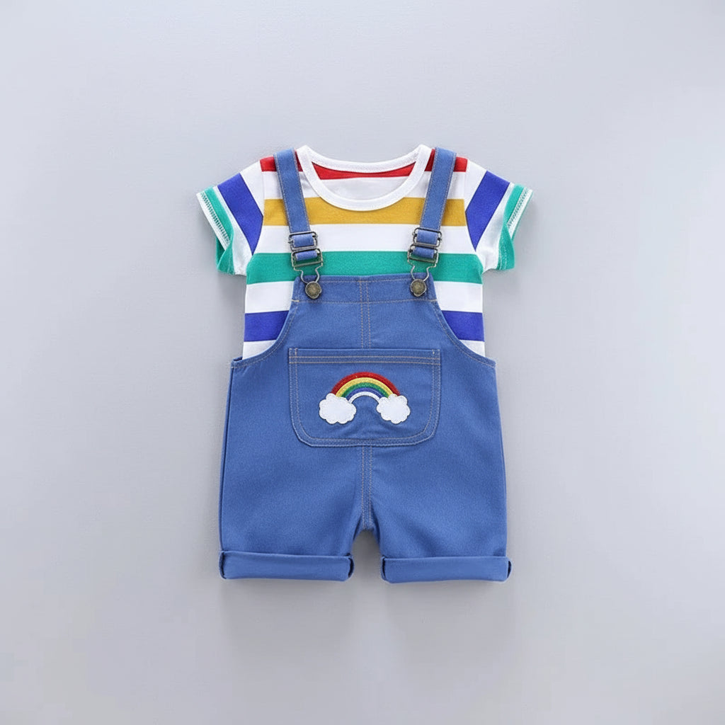 Rainbow Embroidered Denim Shortalls With Striped Tee