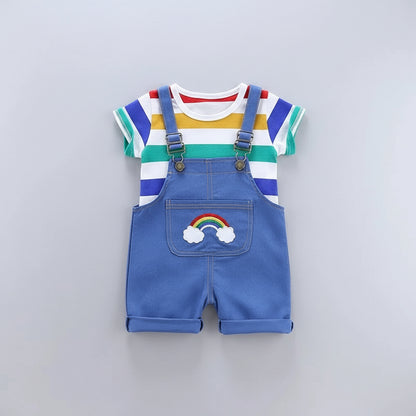 Rainbow Embroidered Denim Shortalls With Striped Tee