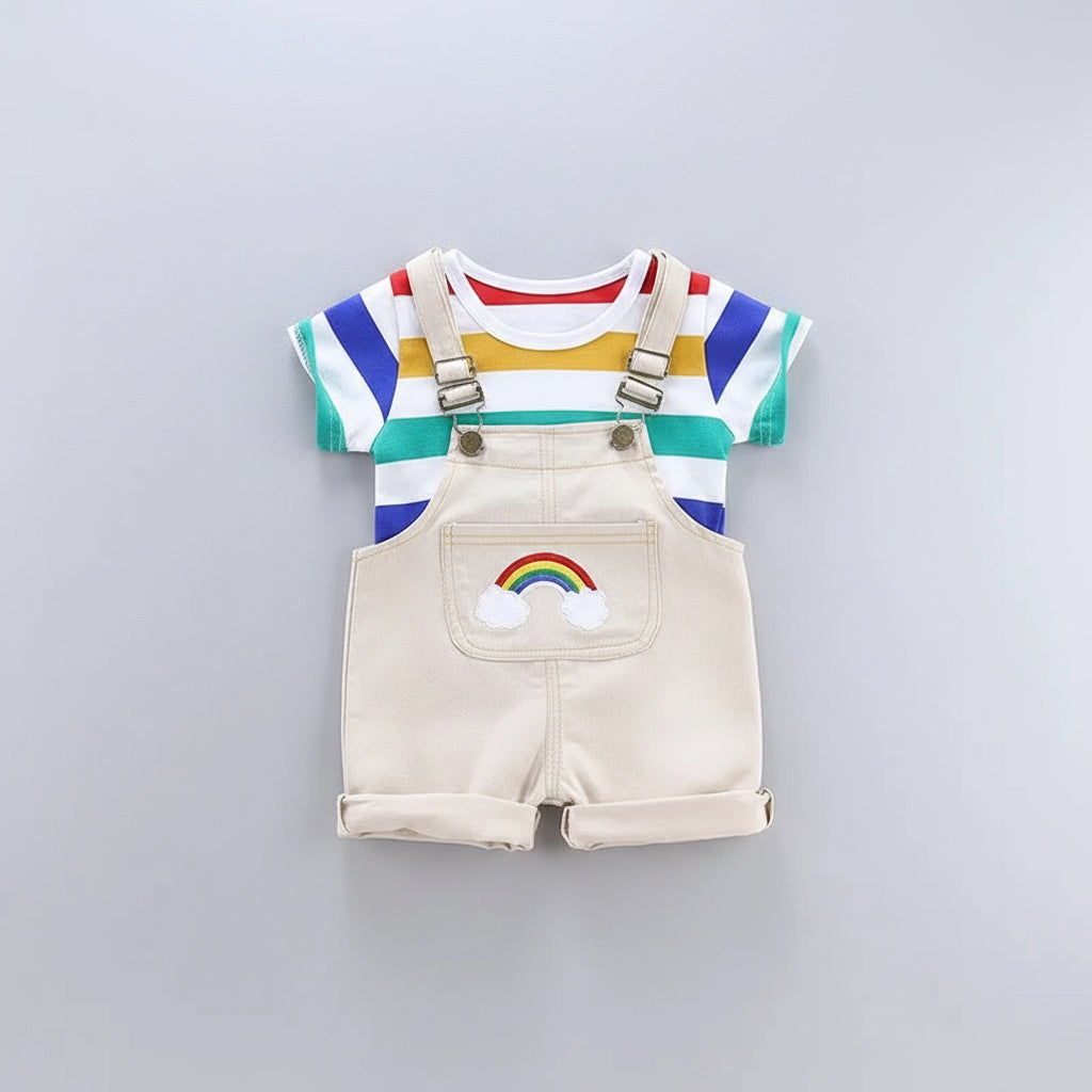 Rainbow Embroidered Denim Shortalls With Striped Tee