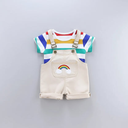 Rainbow Embroidered Denim Shortalls With Striped Tee
