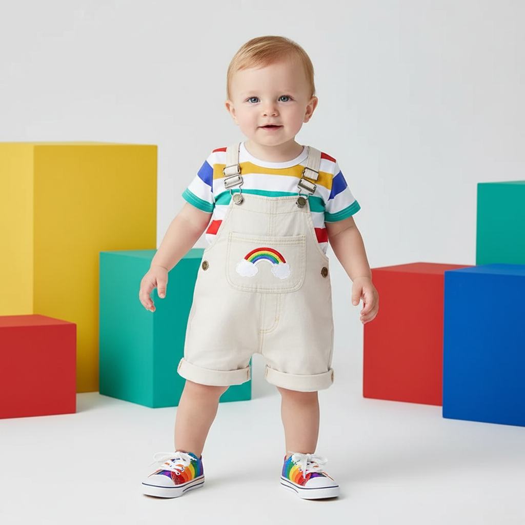 Rainbow Embroidered Denim Shortalls With Striped Tee