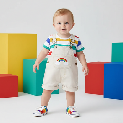 Rainbow Embroidered Denim Shortalls With Striped Tee
