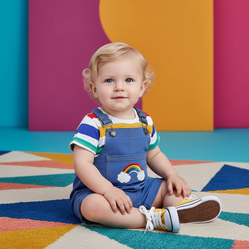 Rainbow Embroidered Denim Shortalls With Striped Tee