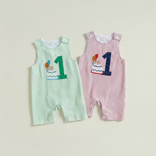 Striped Number One Birthday Cake Romper Set