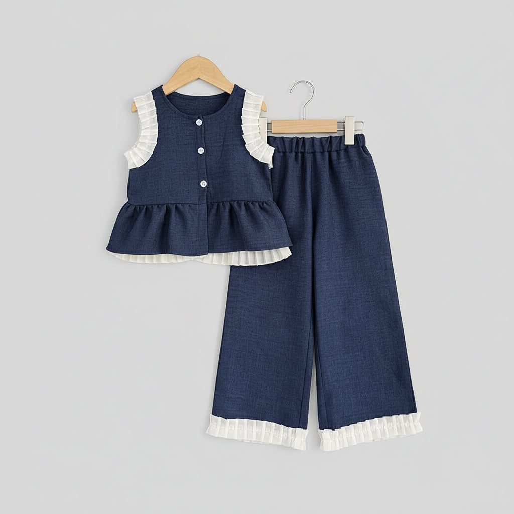 100% Cotton Ribbed Knit Peplum Top & Wide Leg Pants Set