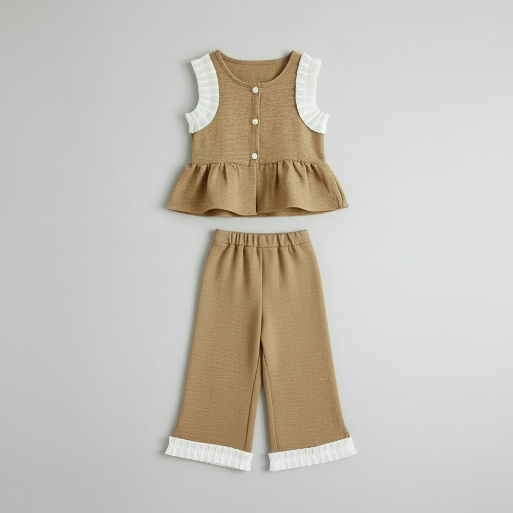 100% Cotton Ribbed Knit Peplum Top & Wide Leg Pants Set