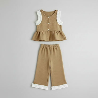 100% Cotton Ribbed Knit Peplum Top & Wide Leg Pants Set