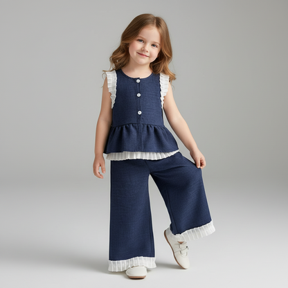 100% Cotton Ribbed Knit Peplum Top & Wide Leg Pants Set