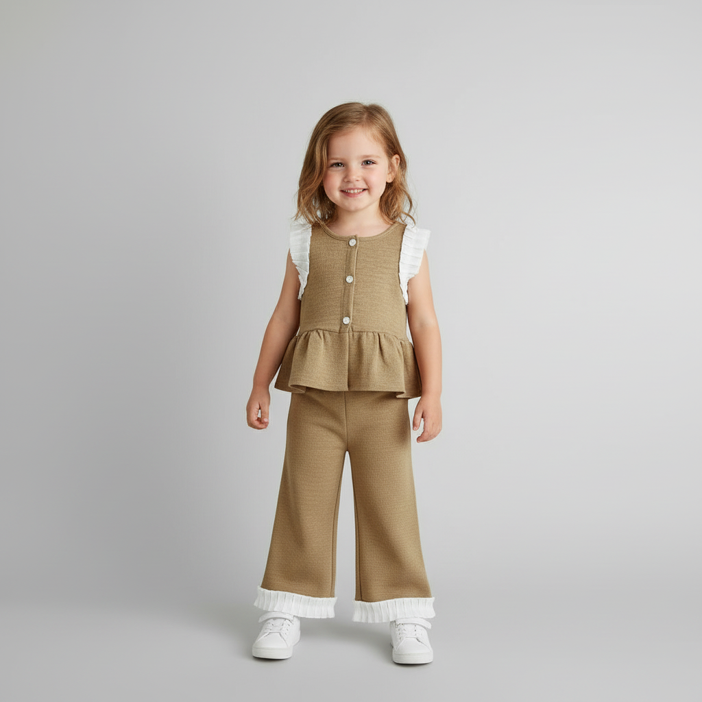 100% Cotton Ribbed Knit Peplum Top & Wide Leg Pants Set