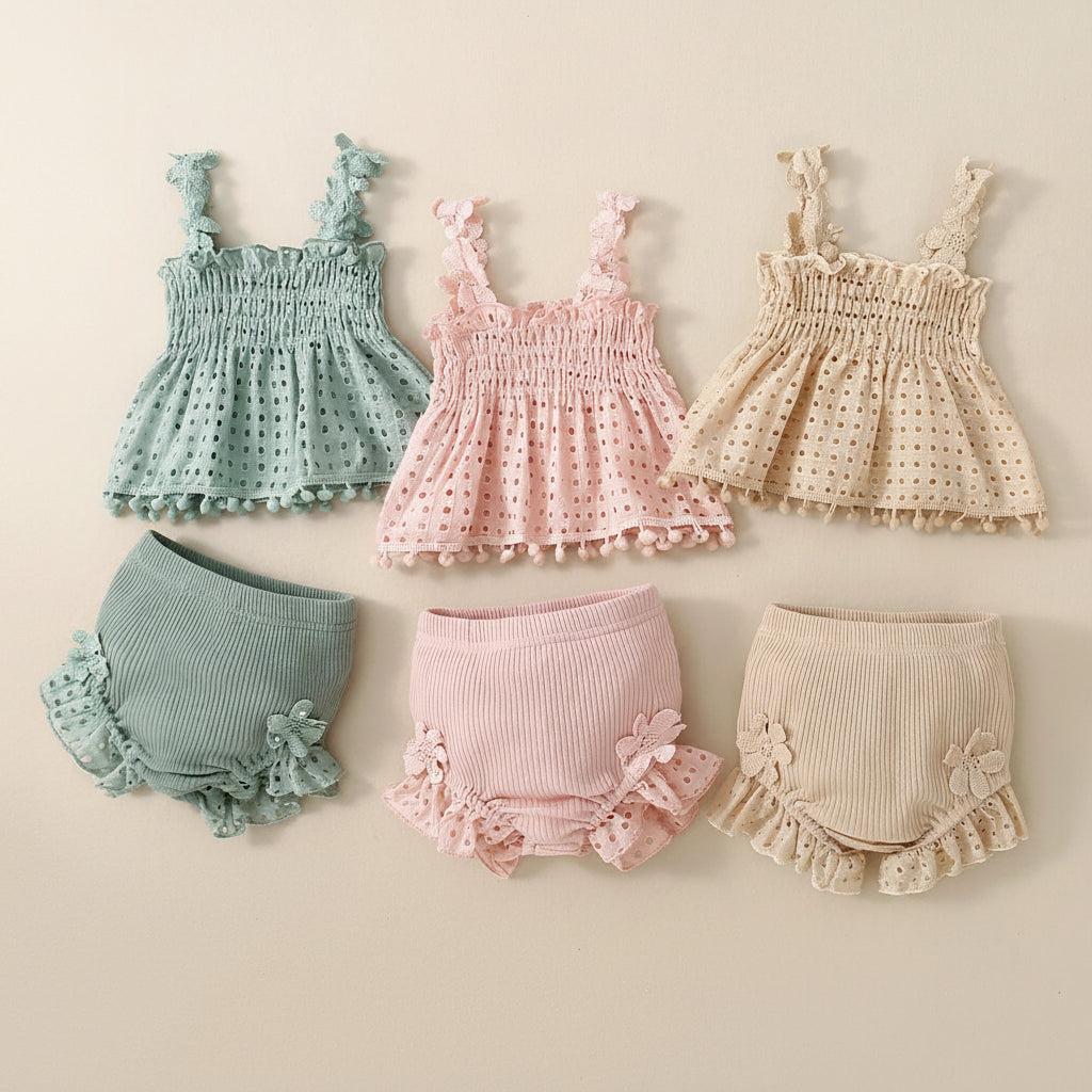 Eyelet Lace Tops & Ribbed Ruffle Shorts Set