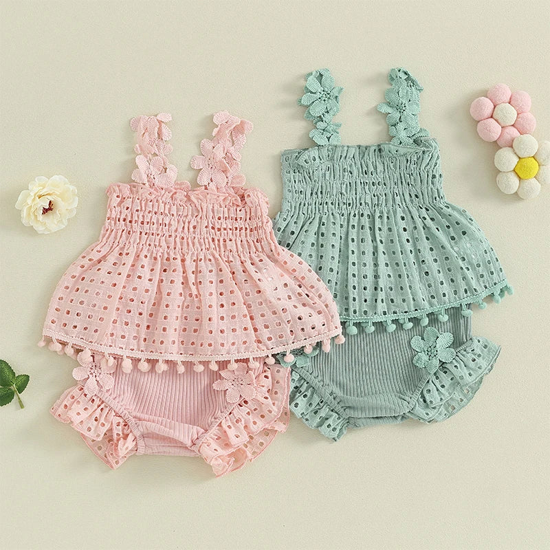 Eyelet Lace Tops & Ribbed Ruffle Shorts Set