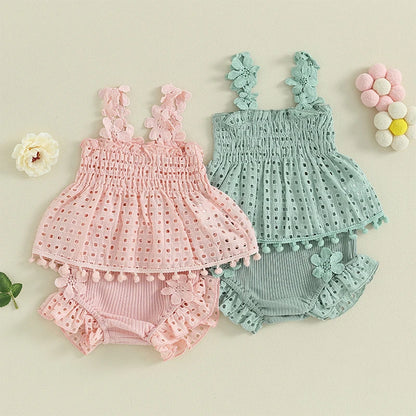 Eyelet Lace Tops & Ribbed Ruffle Shorts Set