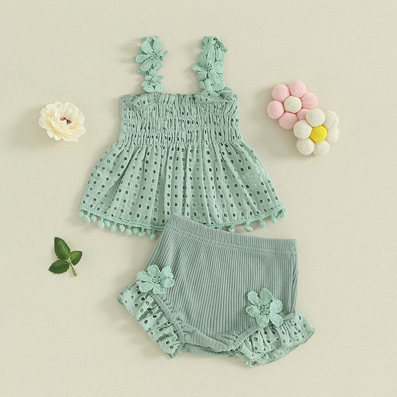 Eyelet Lace Tops & Ribbed Ruffle Shorts Set