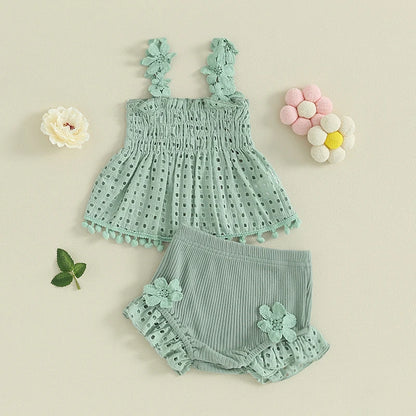 Eyelet Lace Tops & Ribbed Ruffle Shorts Set