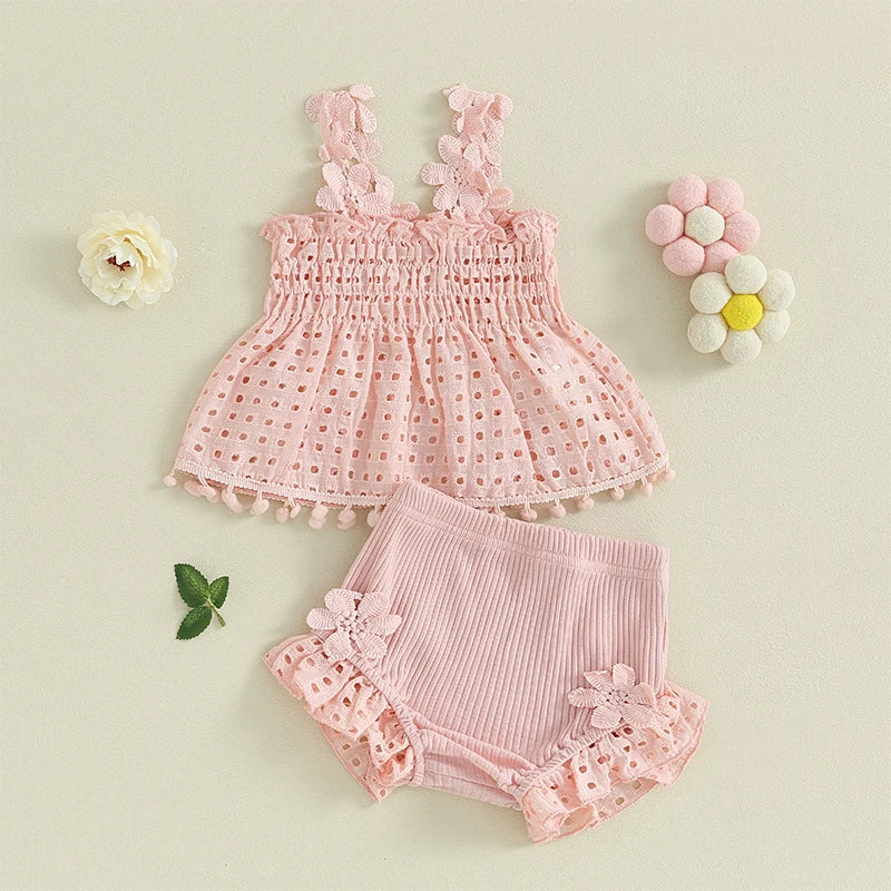 Eyelet Lace Tops & Ribbed Ruffle Shorts Set
