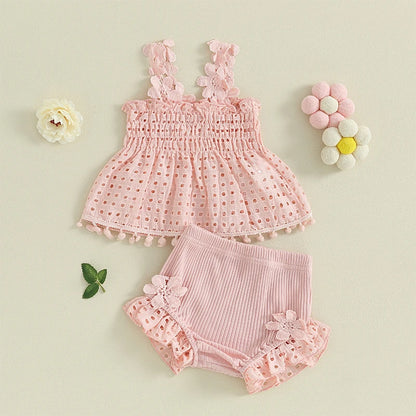 Eyelet Lace Tops & Ribbed Ruffle Shorts Set