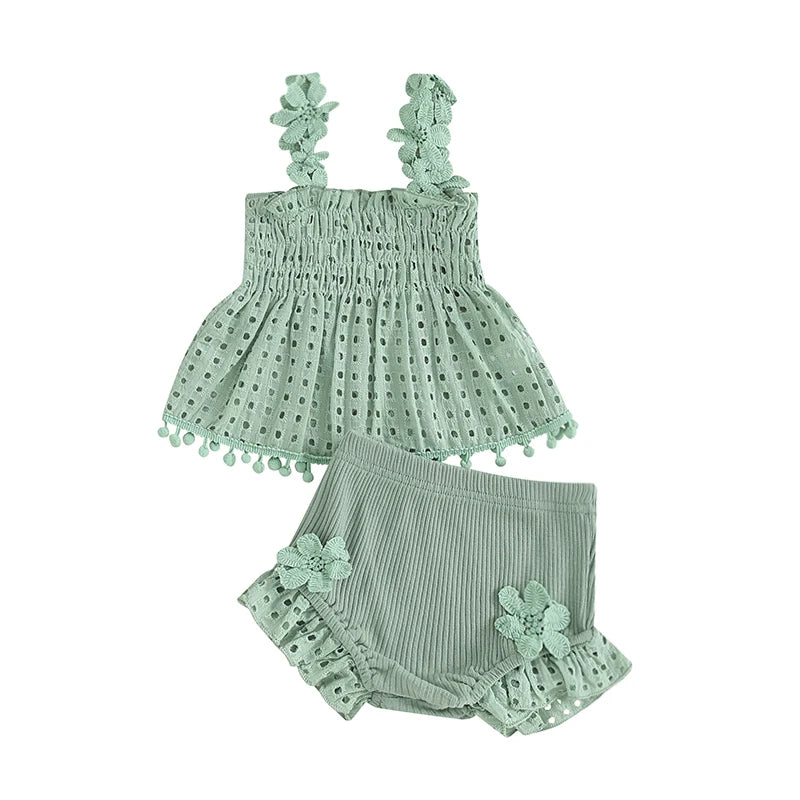 Eyelet Lace Tops & Ribbed Ruffle Shorts Set