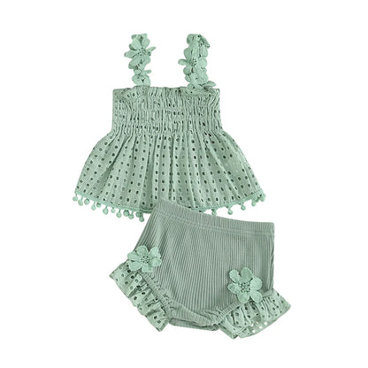 Eyelet Lace Tops & Ribbed Ruffle Shorts Set