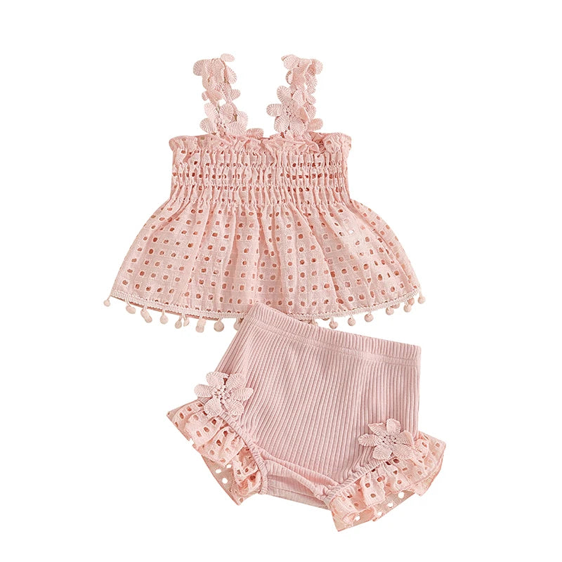 Eyelet Lace Tops & Ribbed Ruffle Shorts Set