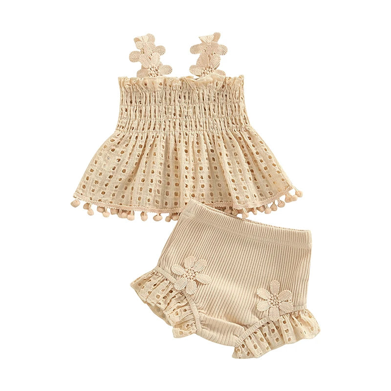 Eyelet Lace Tops & Ribbed Ruffle Shorts Set