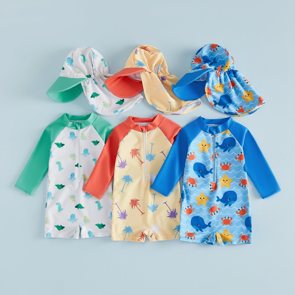 Long Sleeve Swimwear Rompers & Sun Protection Hats Set