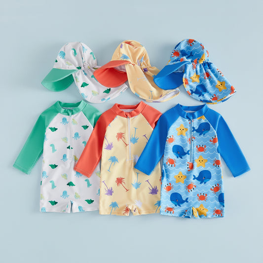 Long Sleeve Swimwear Rompers & Sun Protection Hats Set
