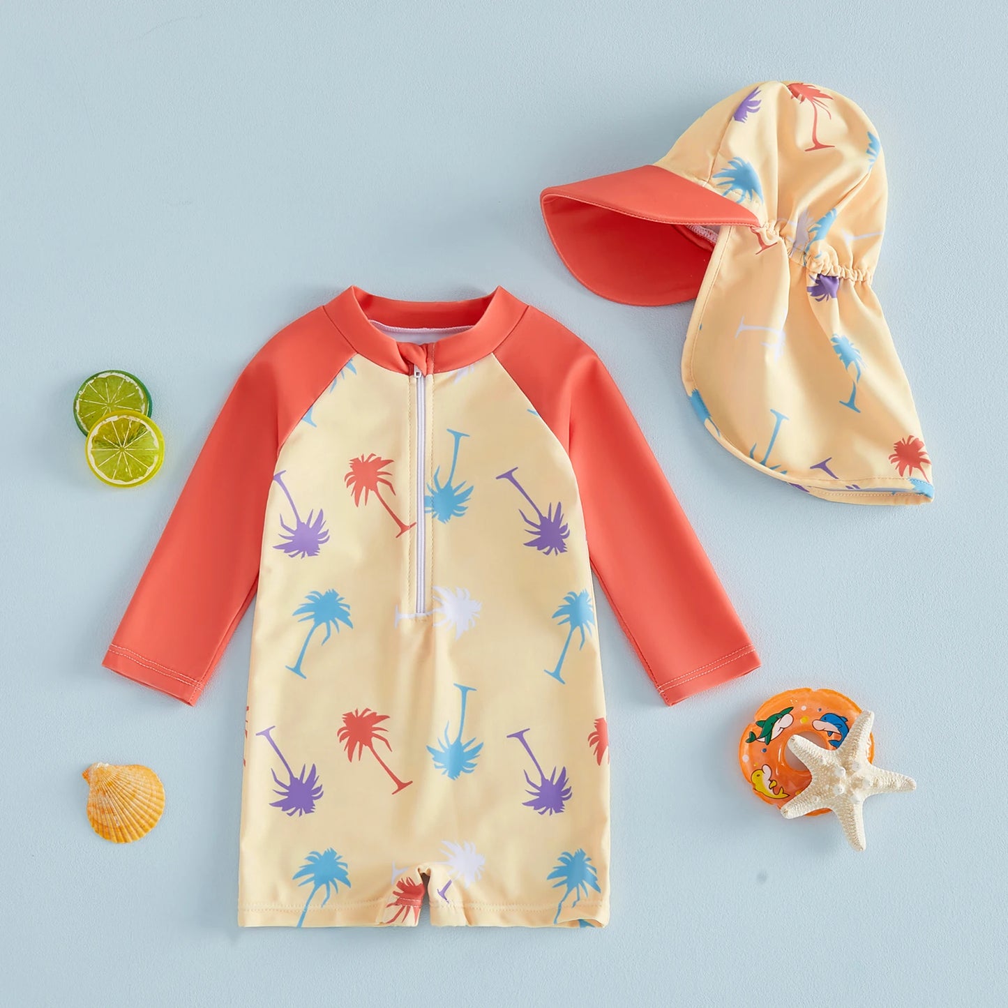 Long Sleeve Swimwear Rompers & Sun Protection Hats Set
