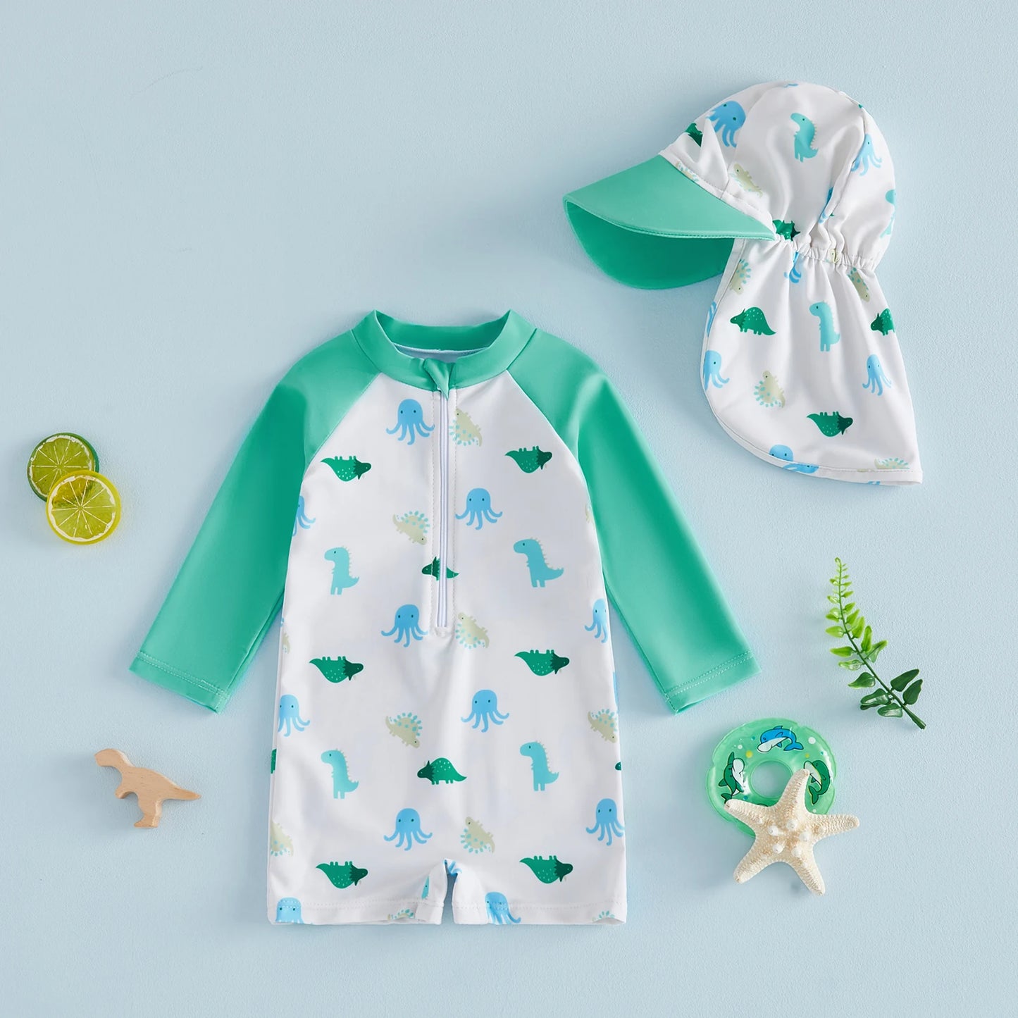 Long Sleeve Swimwear Rompers & Sun Protection Hats Set