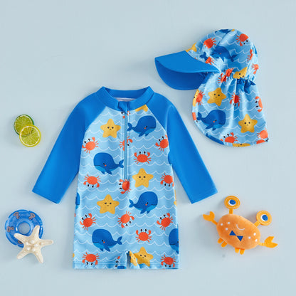 Long Sleeve Swimwear Rompers & Sun Protection Hats Set