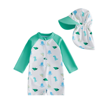 Long Sleeve Swimwear Rompers & Sun Protection Hats Set