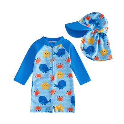 Long Sleeve Swimwear Rompers & Sun Protection Hats Set