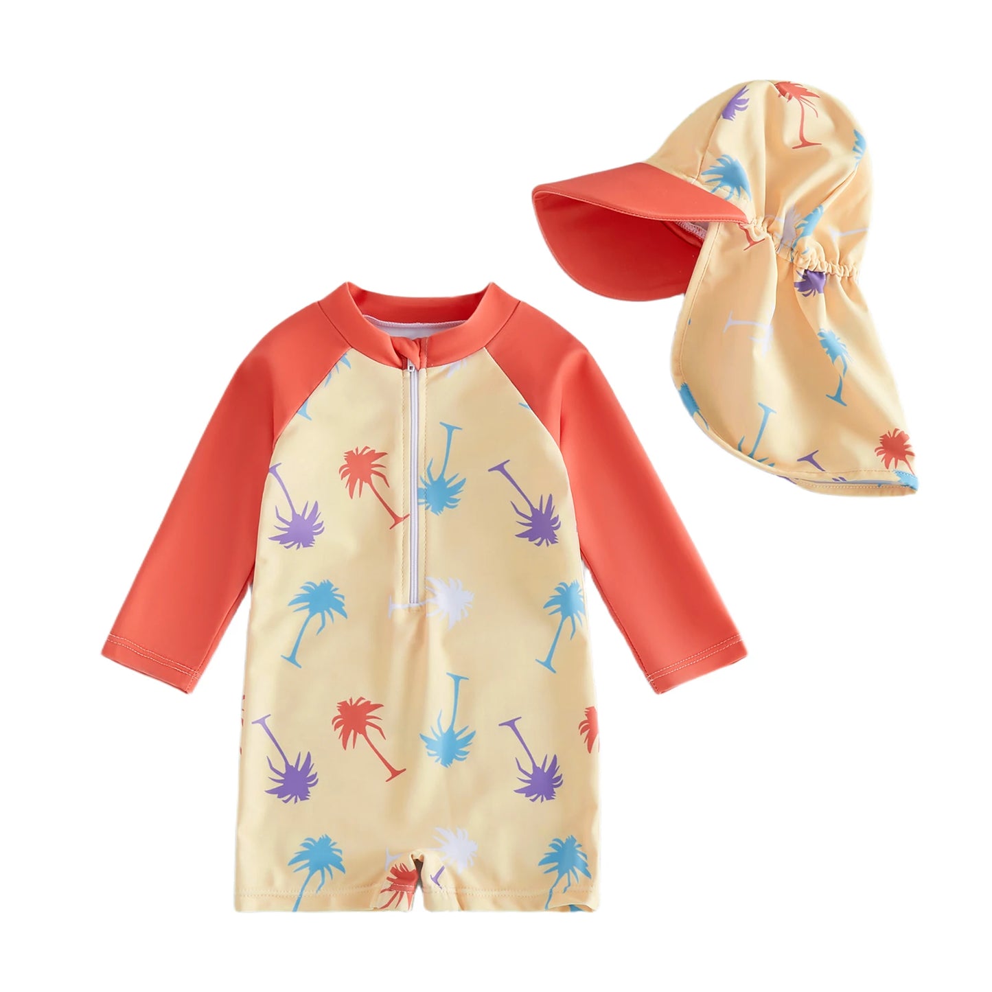 Long Sleeve Swimwear Rompers & Sun Protection Hats Set