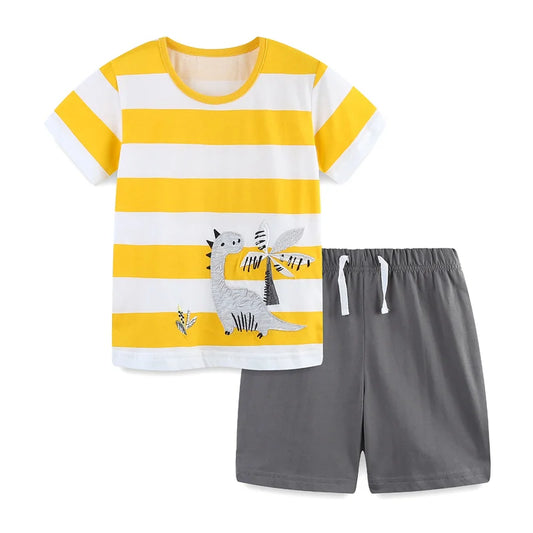 100% Cotton Yellow White Stripe Dino Tee & Grey Shorts Set