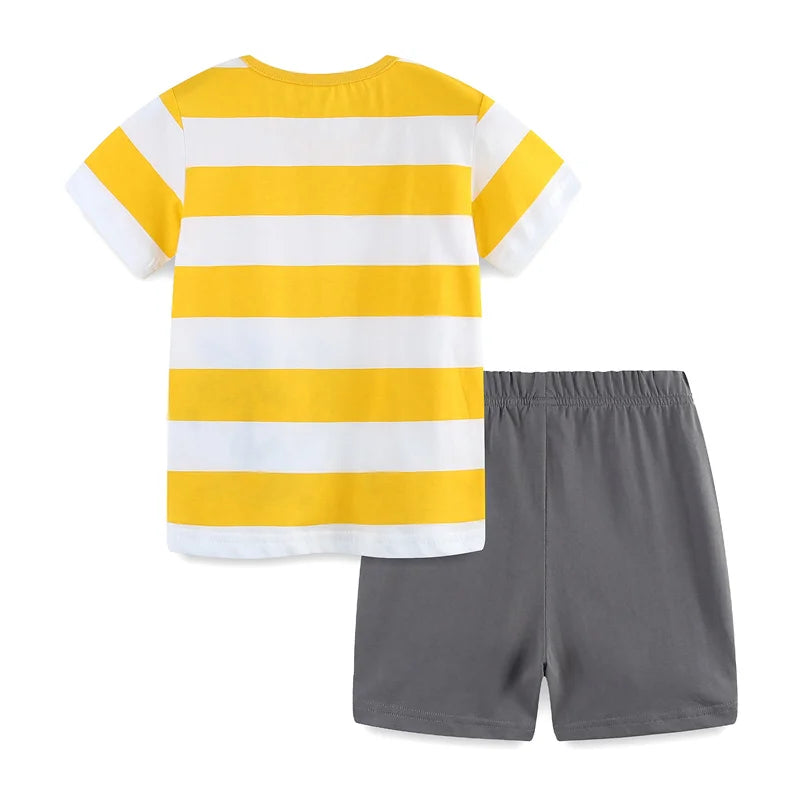100% Cotton Yellow White Stripe Dino Tee & Grey Shorts Set