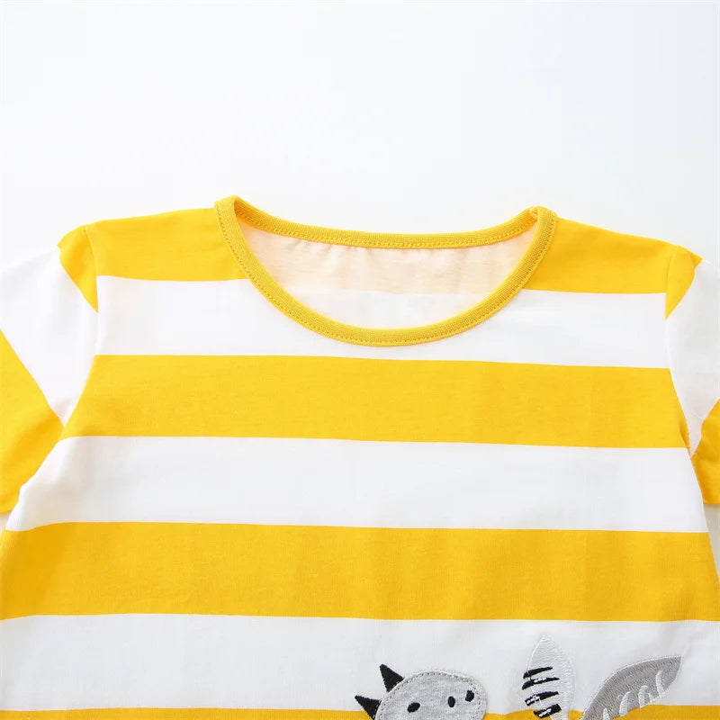 100% Cotton Yellow White Stripe Dino Tee & Grey Shorts Set