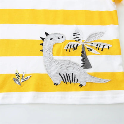 100% Cotton Yellow White Stripe Dino Tee & Grey Shorts Set