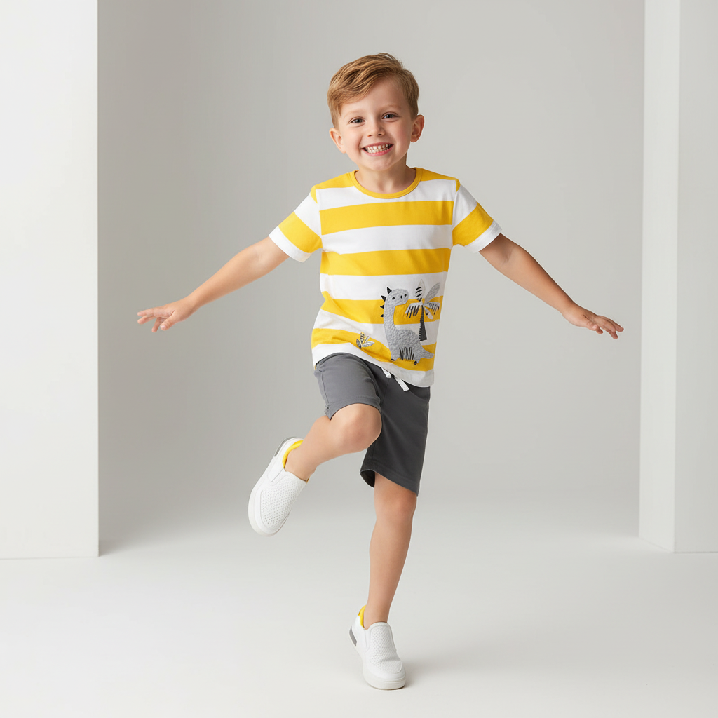 100% Cotton Yellow White Stripe Dino Tee & Grey Shorts Set