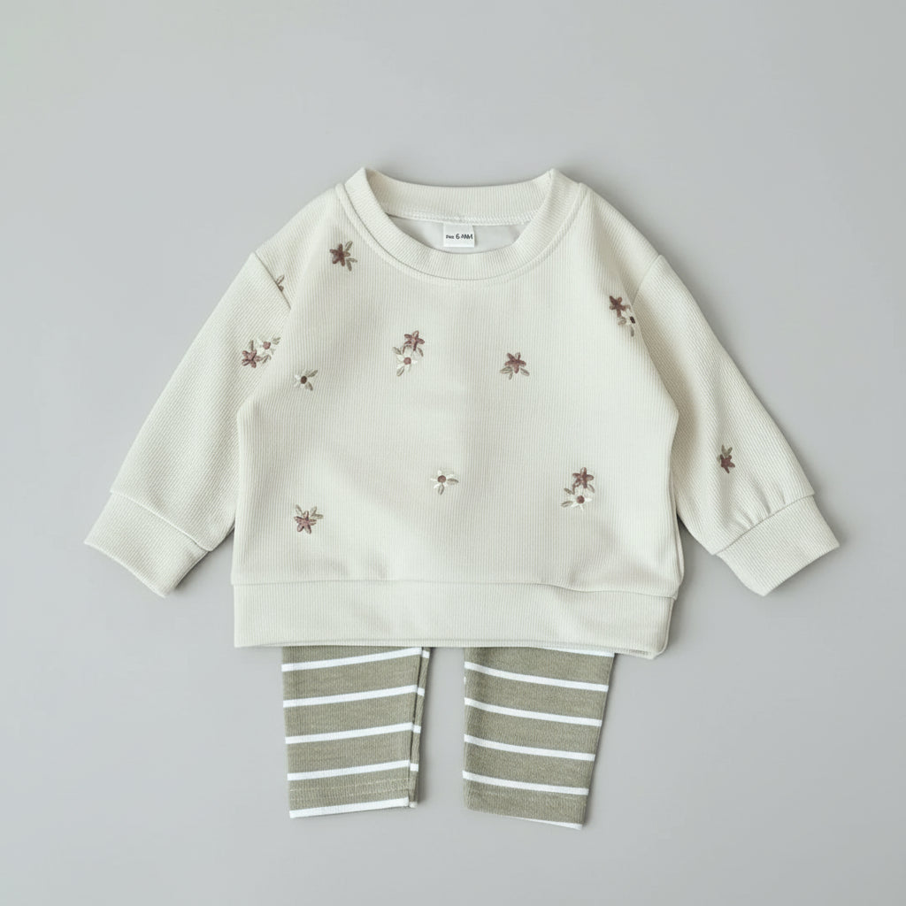 Baby Floral Cotton Set – Long Sleeve Top & Striped Pants