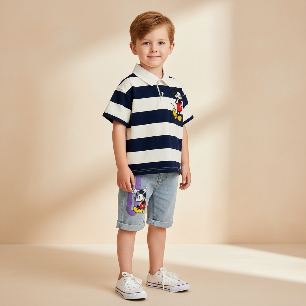 Mickey Mouse Striped Polo & Denim Shorts Set