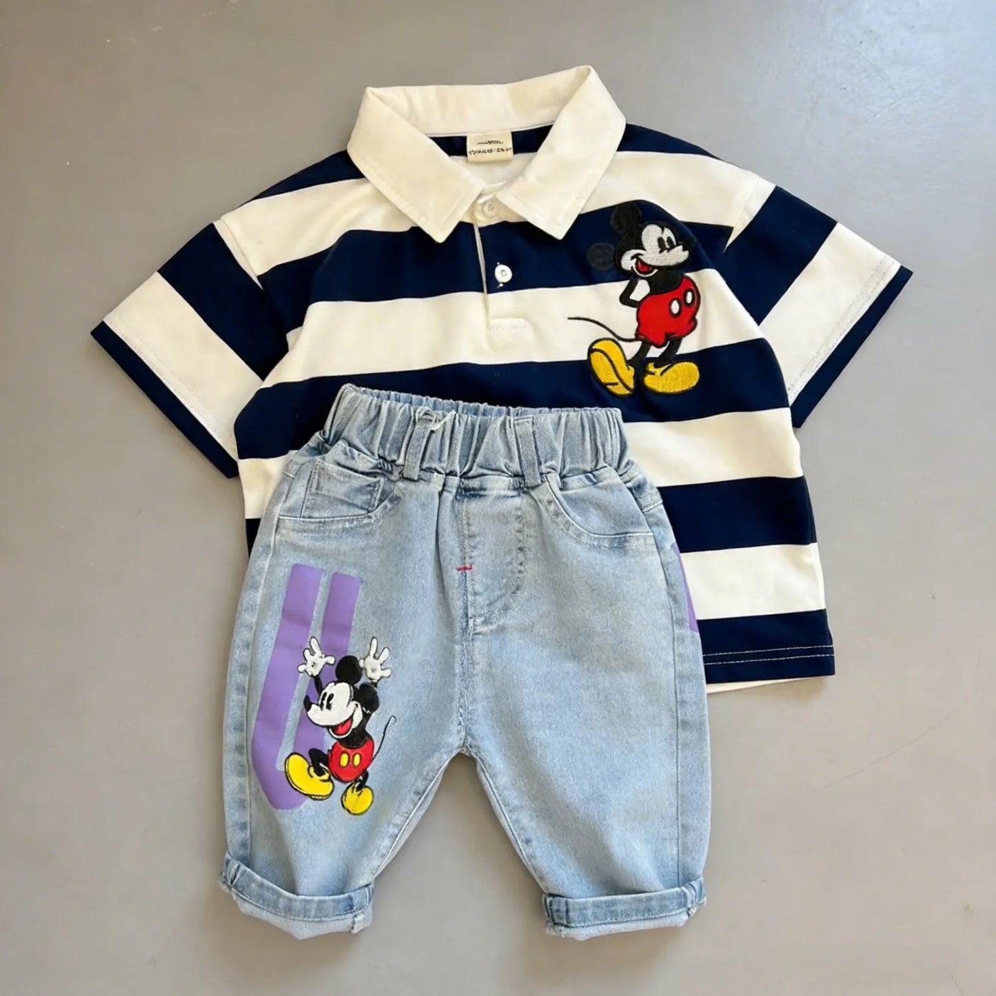 Mickey Mouse Striped Polo & Denim Shorts Set