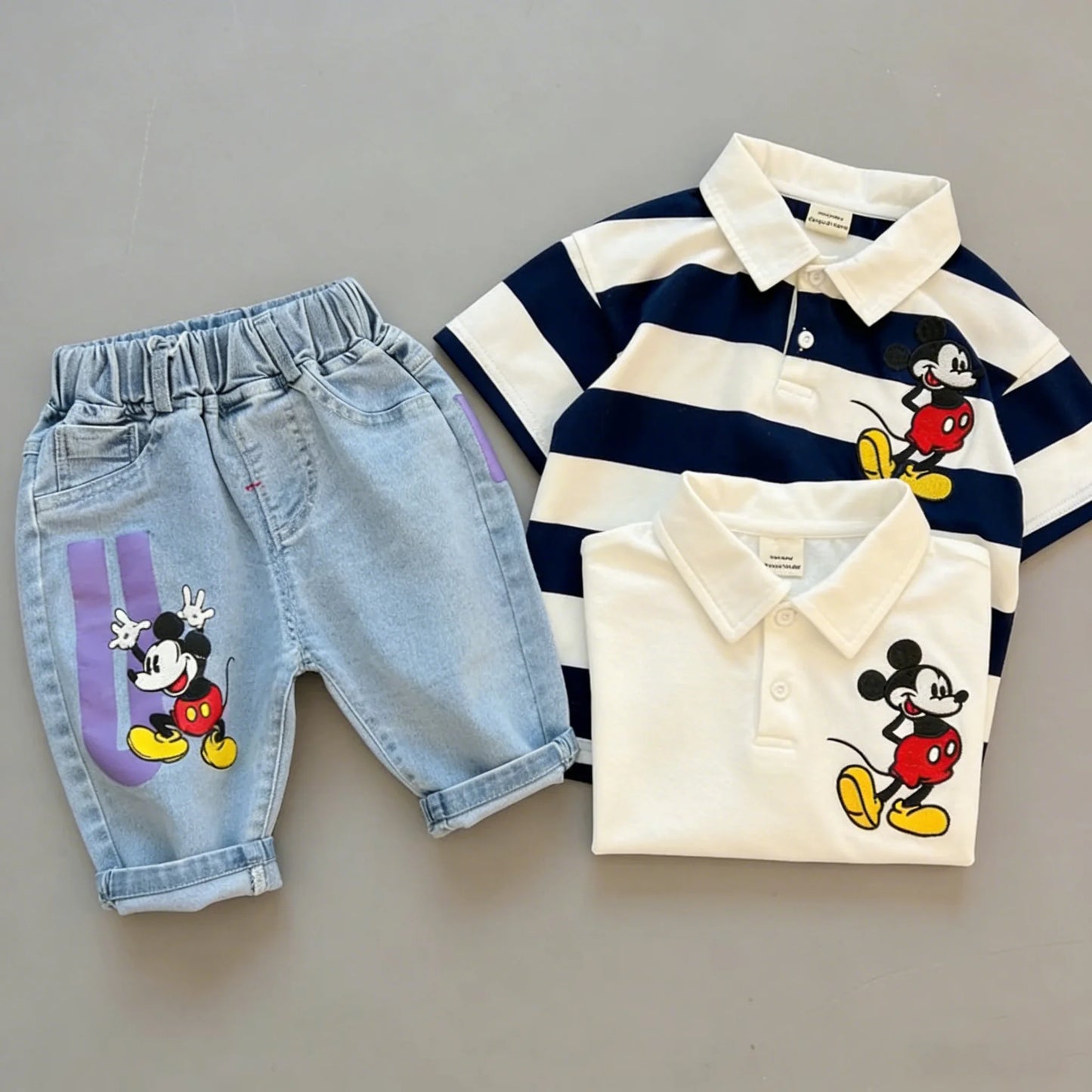 Mickey Mouse Striped Polo & Denim Shorts Set