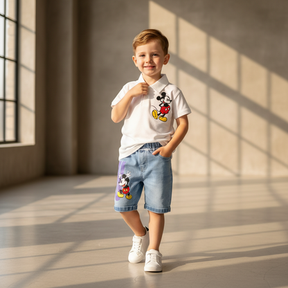 Mickey Mouse Striped Polo & Denim Shorts Set