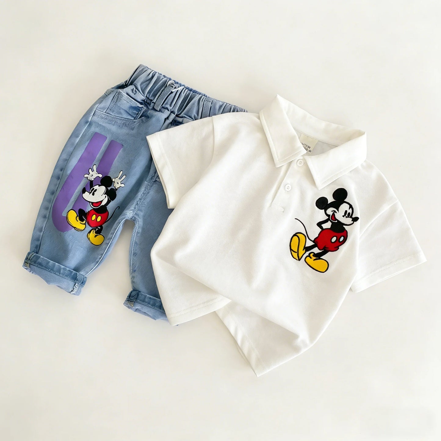 Mickey Mouse Striped Polo & Denim Shorts Set